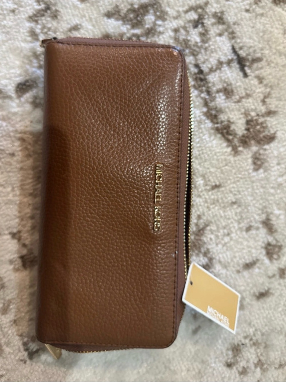 Michael Kors Chestnut Pebbled Leather Zip Wallet with Gold Logo